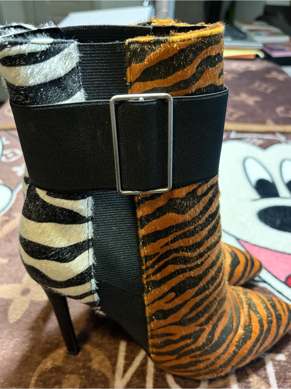 Tiger & Zebra Print Pointed Ankle Boots with Buckle